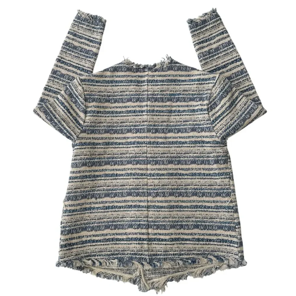 Lucky Brand tweed striped blue & cream open front fringed jacket size medium
